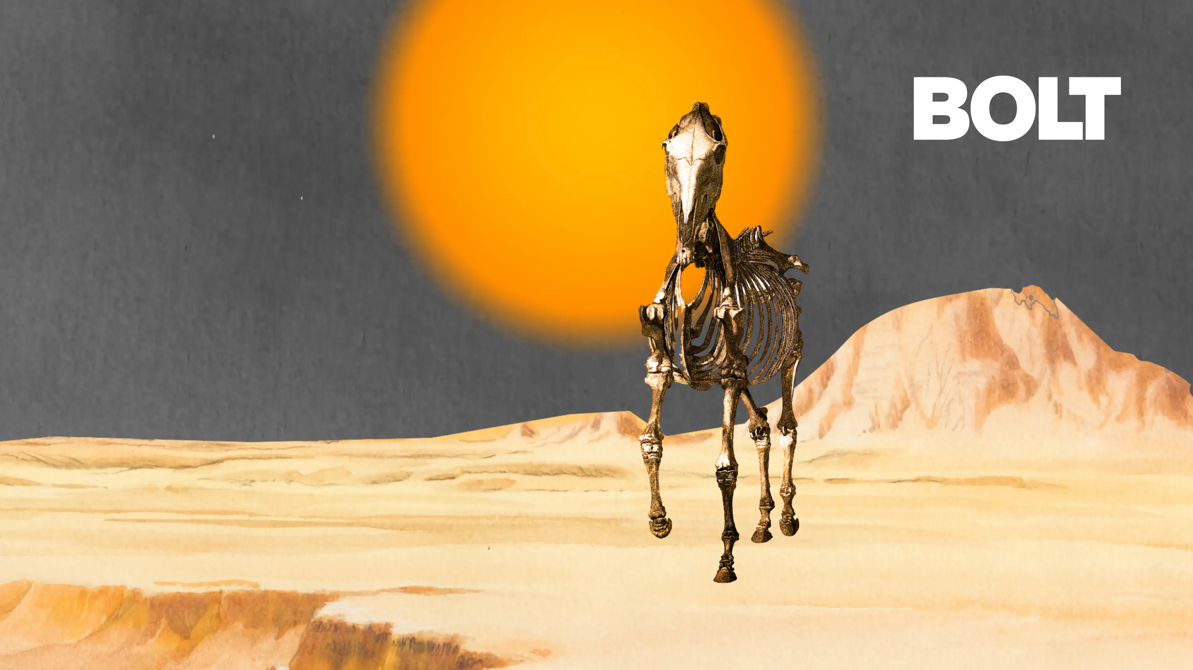 Image inspired by BOLT: a skeletal horse wanders across the blasted plain.